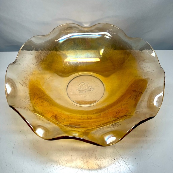 Vintage Jeanette Glass Iridescent Ruffled Bowl Floragold Iris Pattern 11.5” - Picture 1 of 6